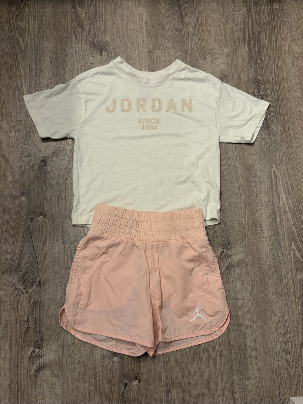 Girl's Jordan White Tee with Blush Pink Jordan Shorts- Size 8-10- Pre-owned